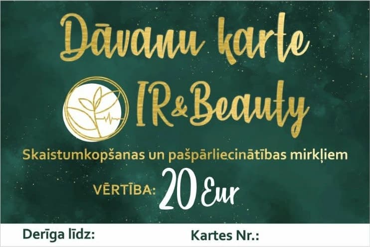 IR & Beauty dāvanu kartes noformējums 20 eiro vērtībā